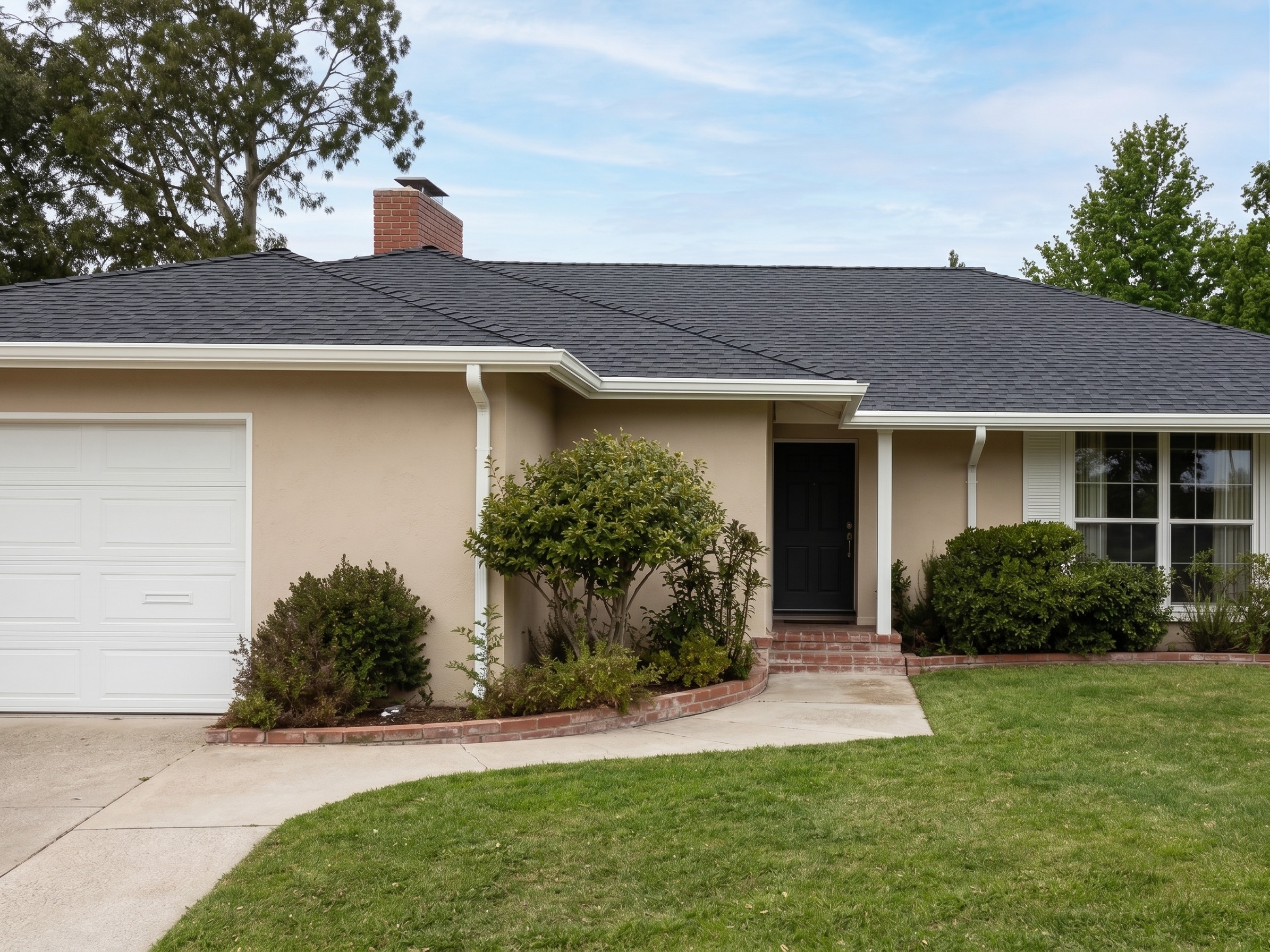 After photo: home with new dark shingles and seamless aluminum gutters
