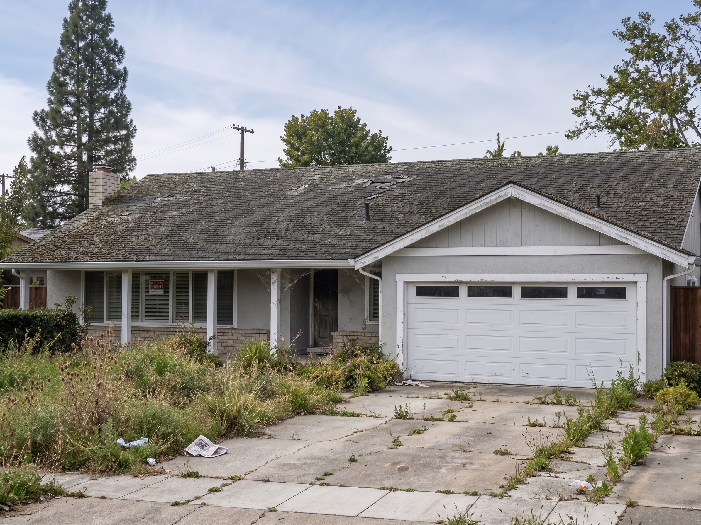 Before photo: suburban home with worn, curled, and missing roof shingles