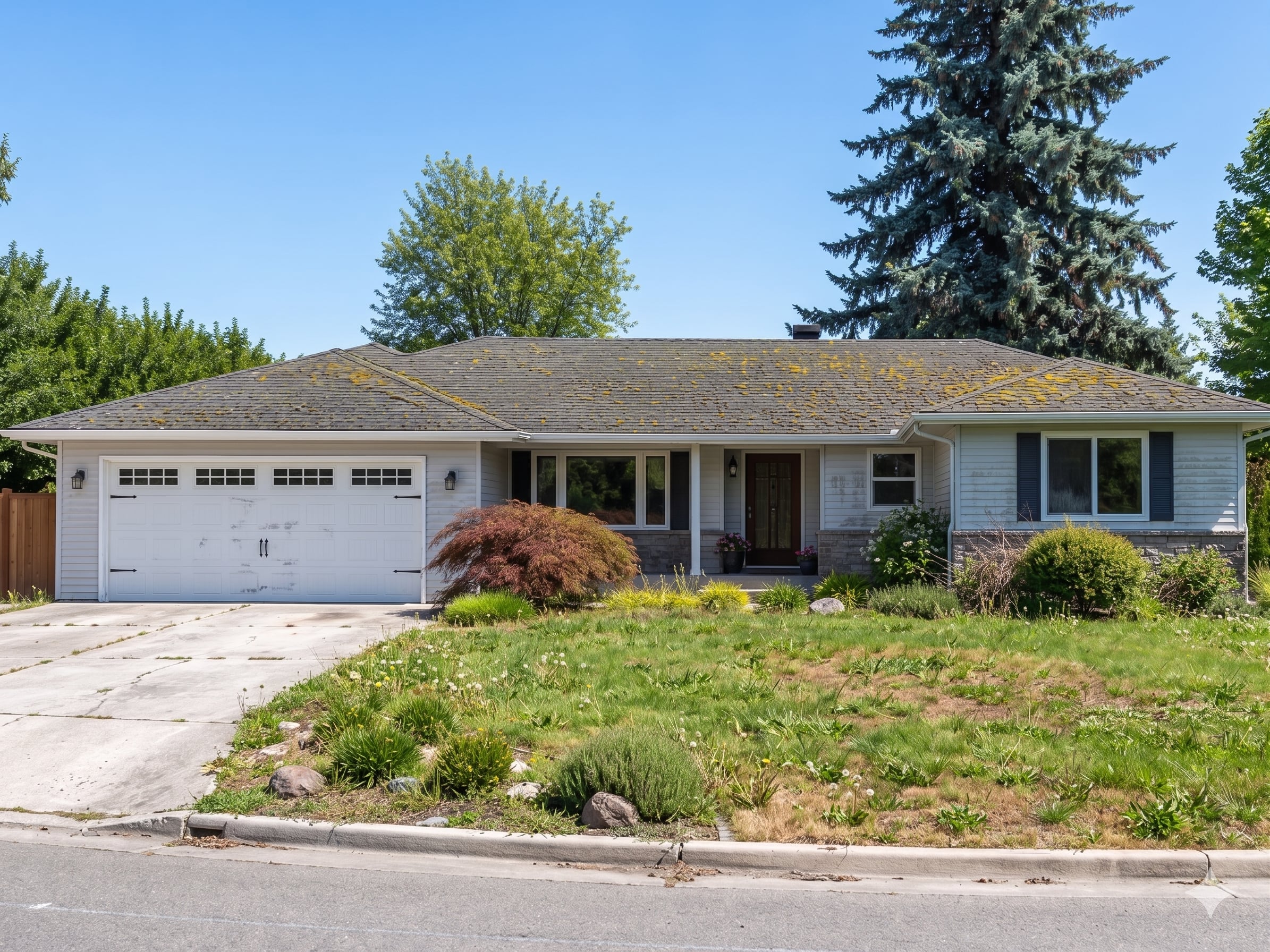 Before photo: older home with brittle, discolored shingles and moss growth