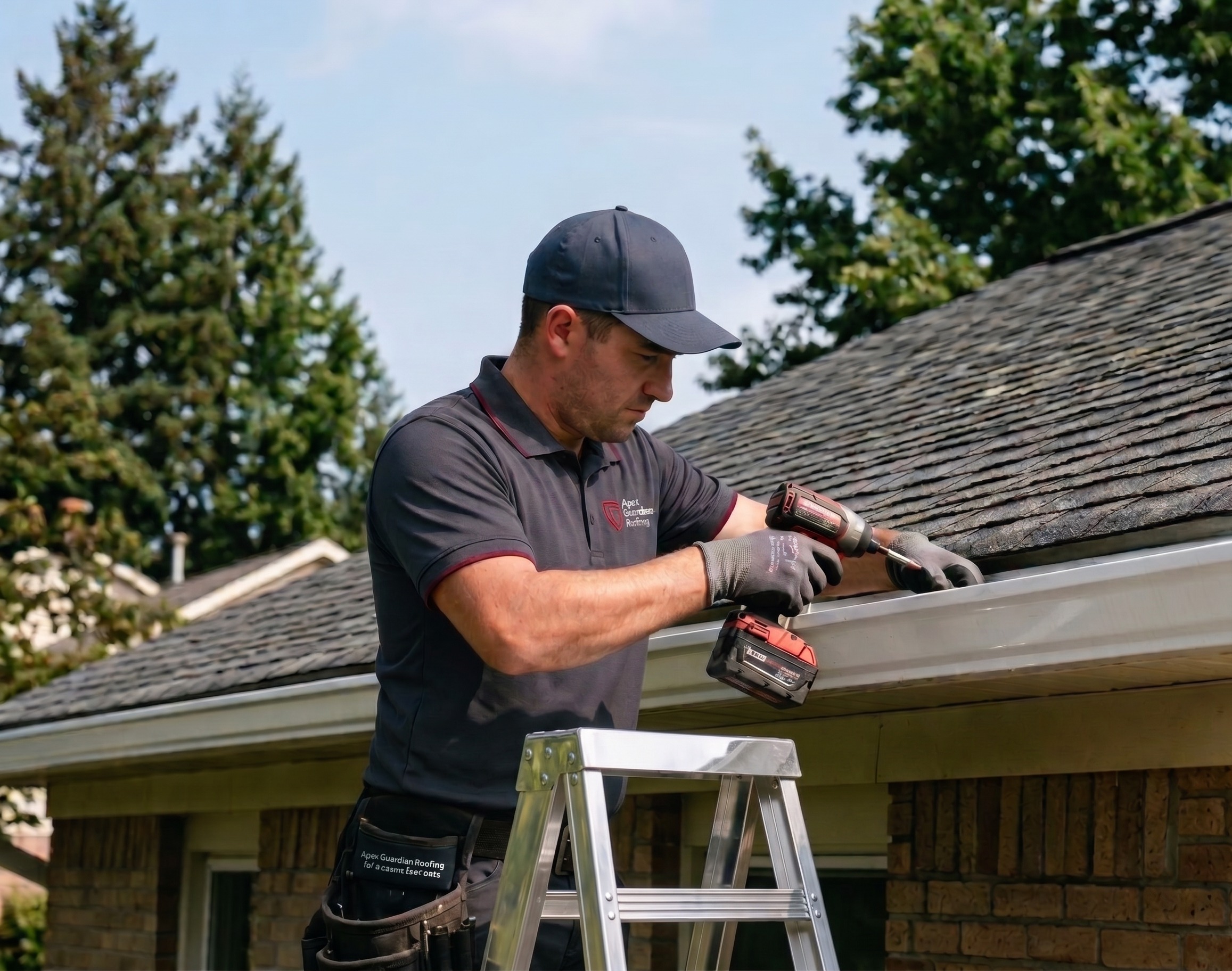 Apex Guardian technician installing a white gutter on a shingled residential home