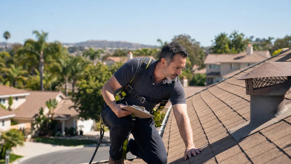Professional roof inspector assessing a home roof with safety gear