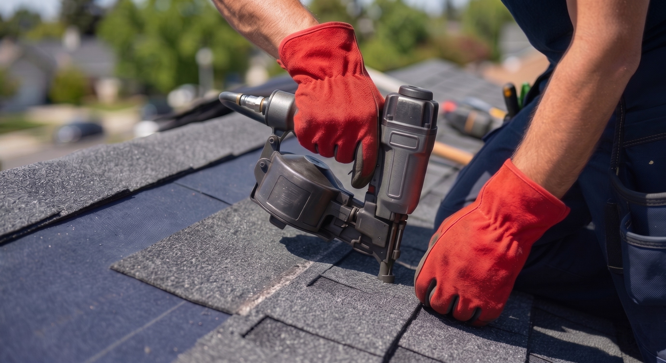 Close-up of a roofer using a nail gun and utility knife to install asphalt shingles